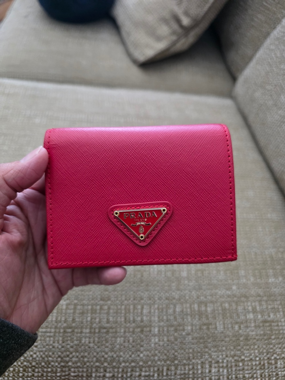 Prada Red Saffiano Leather Card & Key Holder with Gold Logo